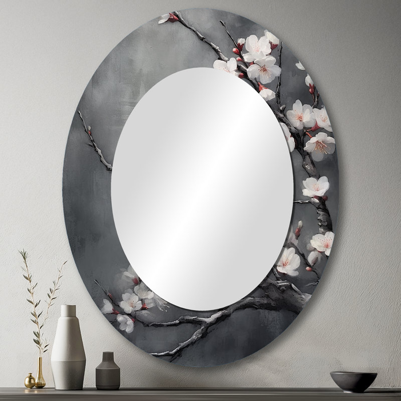 Cerisier en fleurs blanc sur 20 nuances de gris - Miroir décoratif floral ovale sur métal, 43 po x 33 po