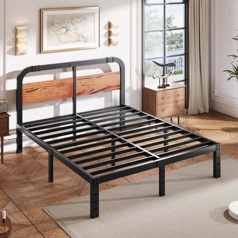 King Size Black Metal Platform Bed with 40-Inch Dark Solid Wood Headboard, Underbed Storage, Noise-Free Support, No Box Spring Needed