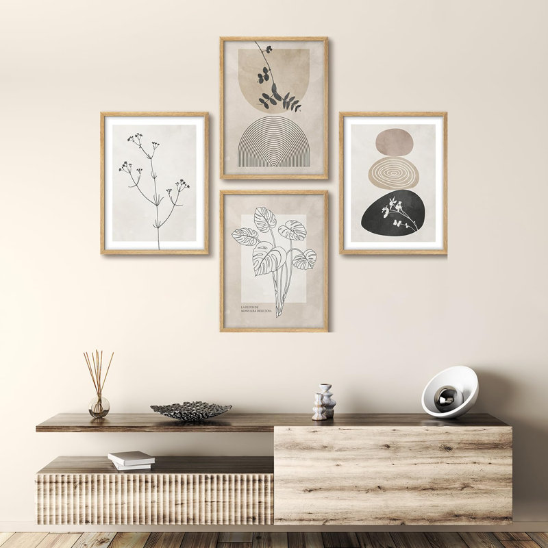 "Neutre botanique noir, beige et blanc, tons, art moderne, décoration murale minimaliste", 4 pièces, Or, H 28 po x l 22 po