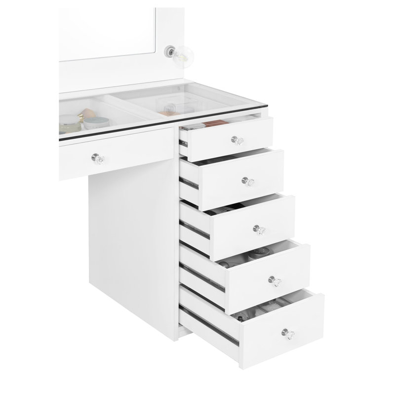 Ensemble coiffeuse Fern White laquée brillante à 7 tiroirs avec miroir éclairé et meuble latéral