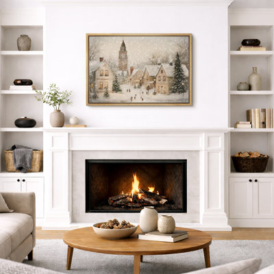 Vintage Winter Snowy Village Landscape Artwork, Warm Christmas Holiday Mental Wall Pictures, Large Framed Canvas Giclee Print Wall Art
