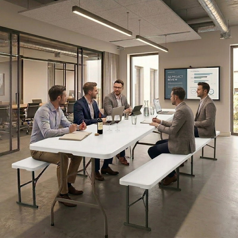 Ensemble de table de pique-nique pliable Simpli-Magic de 6 pi avec 2 bancs, table en plastique portative robuste d'une capacité de 300 lb, ensemble intérieur / extérieur avec poignée de transport et pieds verrouillables pour les fêtes, le camping, les pique-niques et les événements, blanc