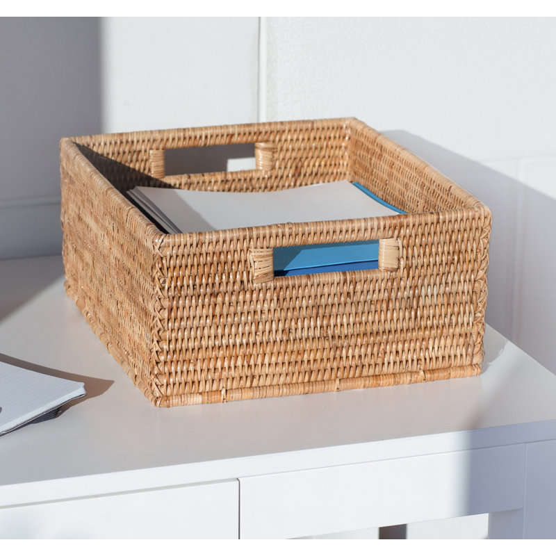 Honey Brown Rectangular Rattan Storage Basket with Cutout Handles