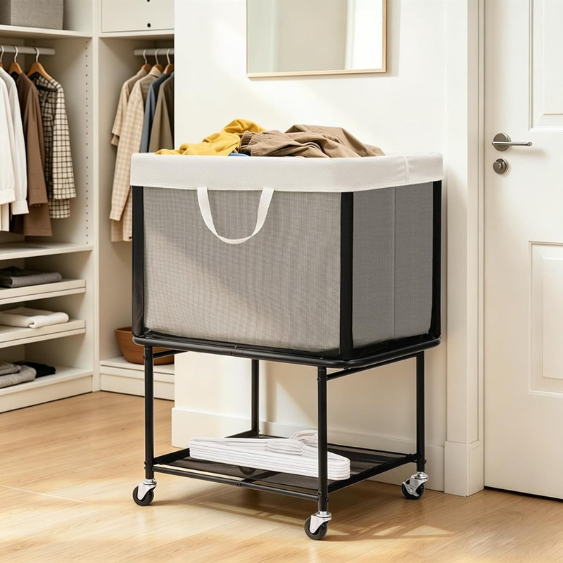Panier à linge sur roulettes 29 gallons (110 l) avec roues verrouillables, chariot à linge à 2 niveaux avec sac en toile amovible et tablette de rangement, organisateur de panier à linge pour la chambre à coucher, la salle de bain et la salle de lavage, beige