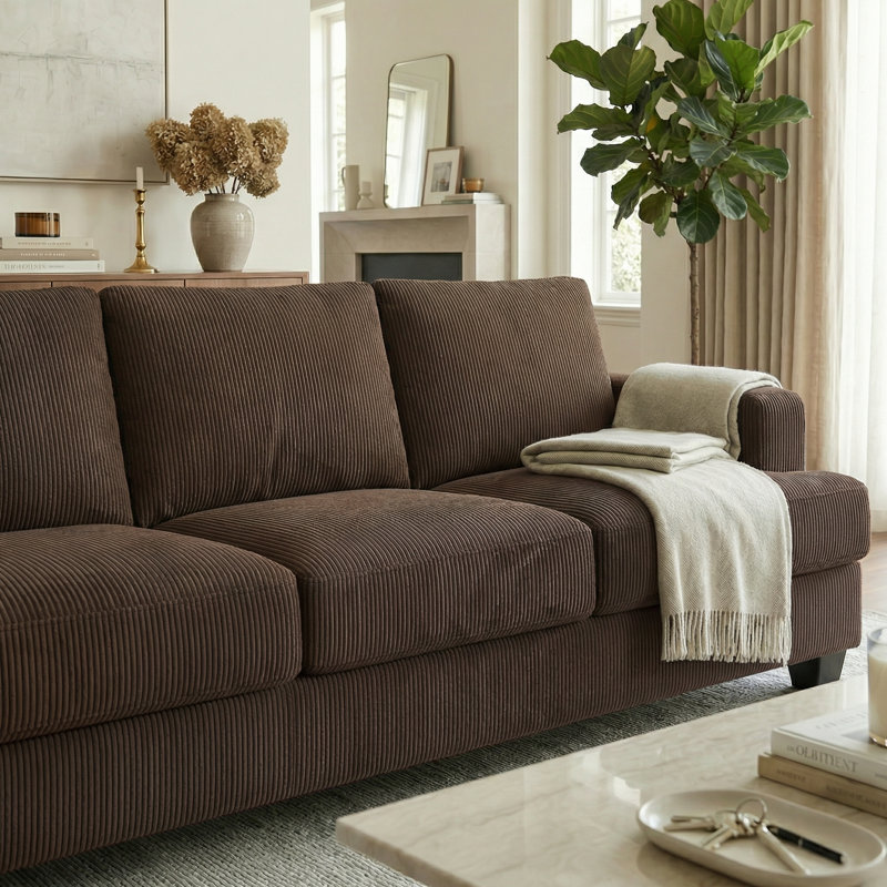 89'' Upholstered Sofa, Modern 3 Seater Corduroy Couch With Square Armrests, Brown