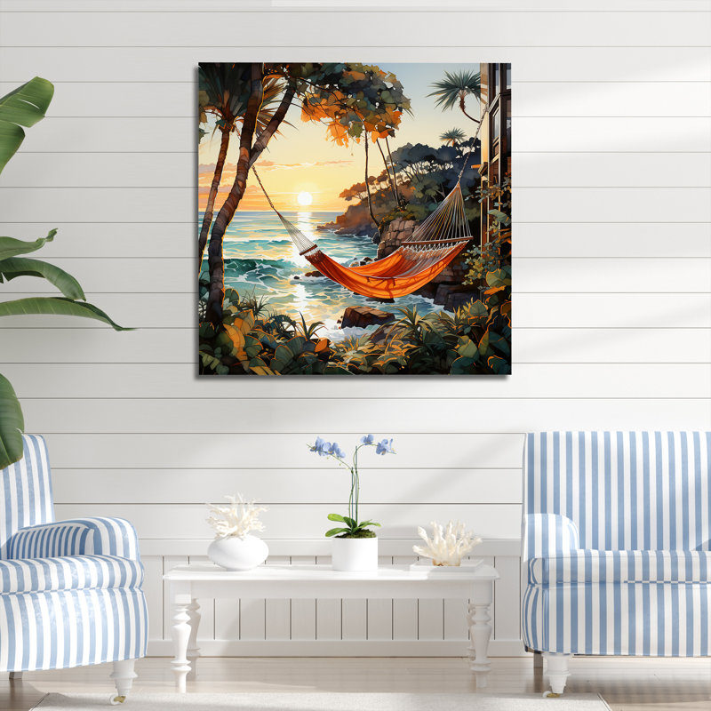 Coucher de soleil hamac près de la plage II - art mural côtier tropical, Toile tendue, H 30 po x l 30 po x P 1,5 po