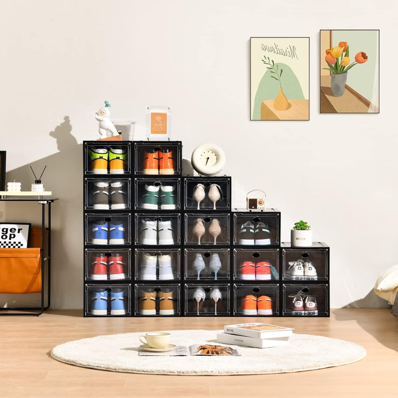 Boîtes de rangement pour chaussures empilables avec porte magnétique, organisateur de chaussures multifonctionnel robuste pour espadrilles et talons, résistant à la poussière et à l'humidité
