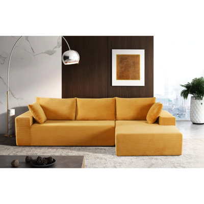 Canapé-lit modulaire moderne à 4 places convertible en velours côtelé jaune gingembre, pour des espaces de vie flexibles, faisant face à la droite, un rembourrage en mousse complète, aucun canapé modulaire à assembler, canapé doux et confortable
