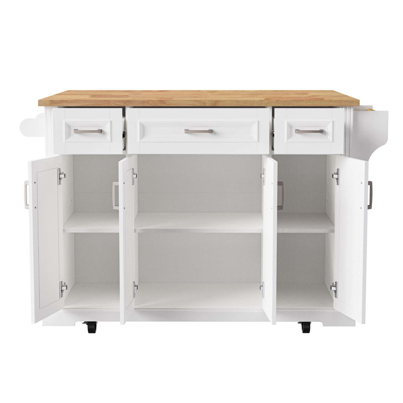 54-Inch Large Kitchen Island With Rubber Wood Drop Leaf, Rolling Storage Cart With 4 Doors, 3 Drawers & Lockable Wheels
