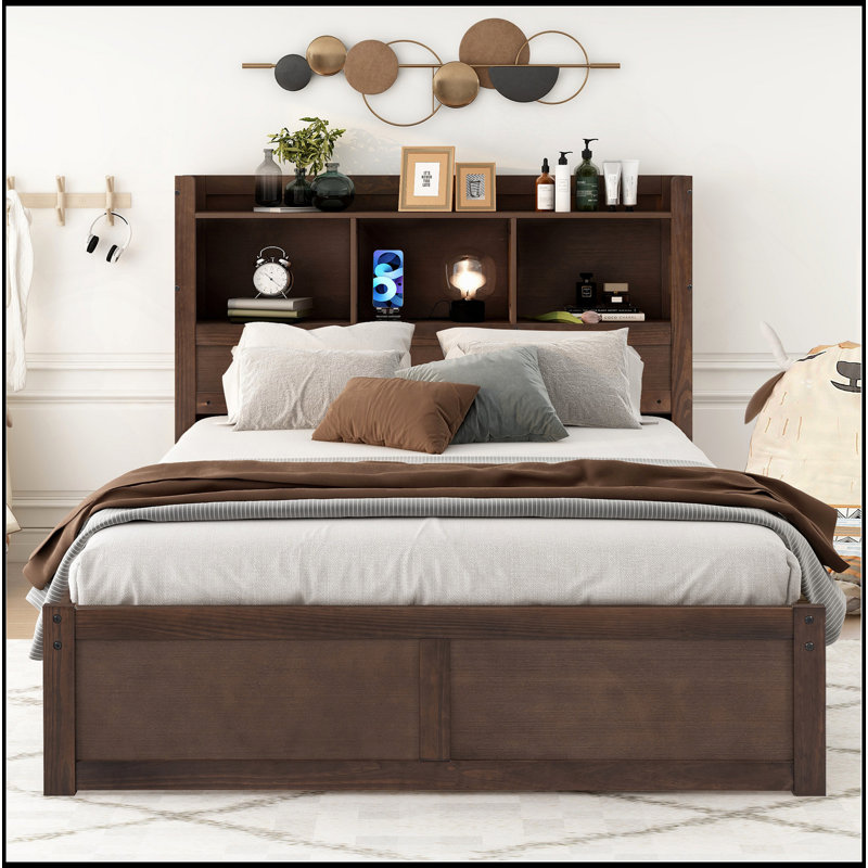 Lit plateforme pleine grandeur avec tablettes coulissantes, lit gigogne simple et 2 tiroirs, espresso
