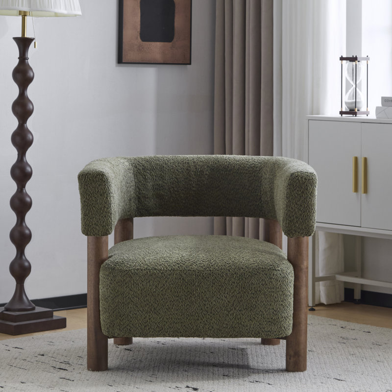 Lejon Boucle Upholstered Accent Chair With Rubberwood Legs, Walnut, Olive Green