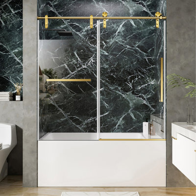 60" W X 60" H Brushed Gold Frameless Single Sliding Shower Door, Bathtub Door, 5/16"(8Mm) Tempered Glass, Explosion-Proof Film