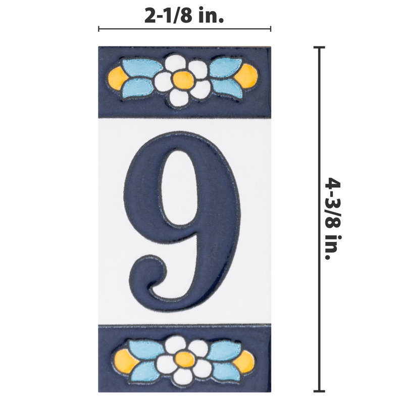 Sevillano 2.13" x 4.38" Ceramic Floral Address Number Wall Tile in White/Blue