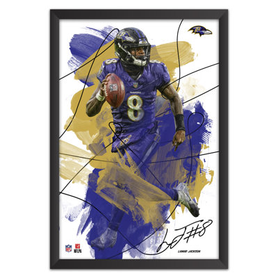 Tableau encadré de Lamar Jackson (NFL Baltimore Ravens), style coup de pinceau | 35,5 x 51 cm