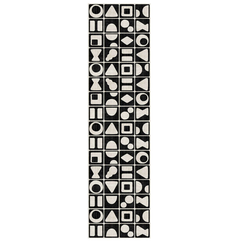 Tapis décoratif noir en polyester géométrique tissé à la machine, Tapis de couloir 2 pi 8 po x 9 pi 11 po