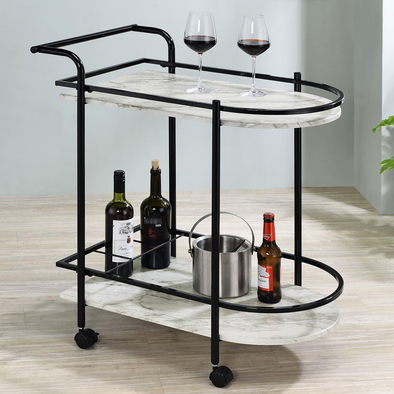 Chariot en marbre noir et faux blanc avec cadre en métal et support à vin portatif contemporain servant à manger