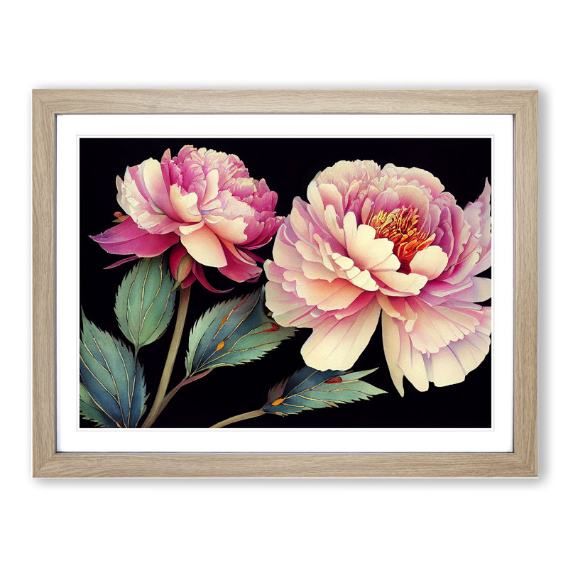 Watercolour Peony Flowers Vol.1 - Single Picture Frame Painting, 46cm H x 64cm W x 2cm D, Oak