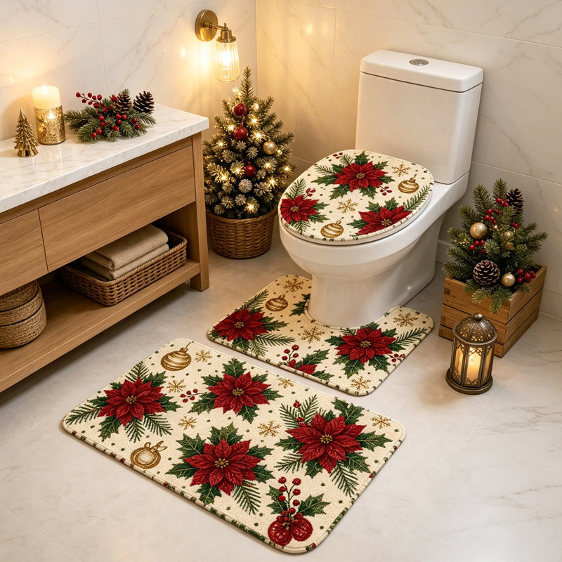 Décorations de Noël Ensemble de tapis de toilette pour salle de bain 3 pièces, C