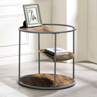 Table de bout industrielle en noyer et gris avec 3 tablettes et cadre thermolaqué à grain de bois de 24 pouces de profondeur et 1 pièce incluse avec l'acier large seulement
