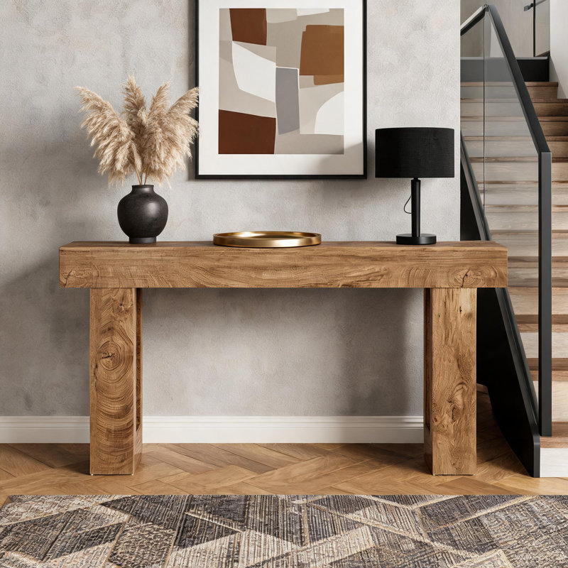 Longue table de vestibule de style industriel de couleur chêne, conception en bois simple, pouvant être placée dans le couloir et derrière le canapé