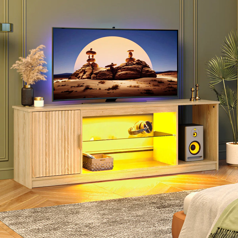 57" Modern Media Console with Adjustable shelf, LED Fluted TV Stand for 65 Inch TV, Glossy TV Console with Cabinet 