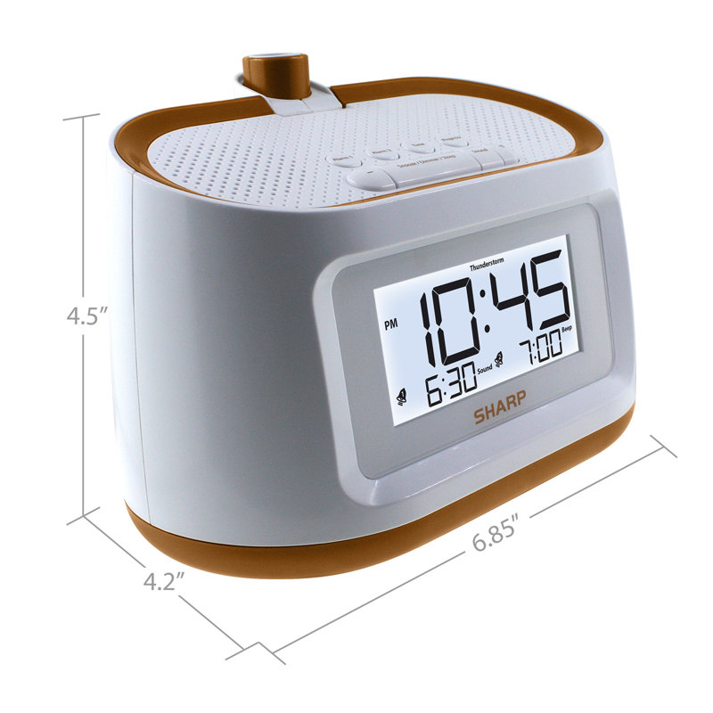 Sharp Digital Tabletop Projection Alarm Clock with 8 Soothing Sounds, White, 7.25" H x 6.75" W x 4.50" D