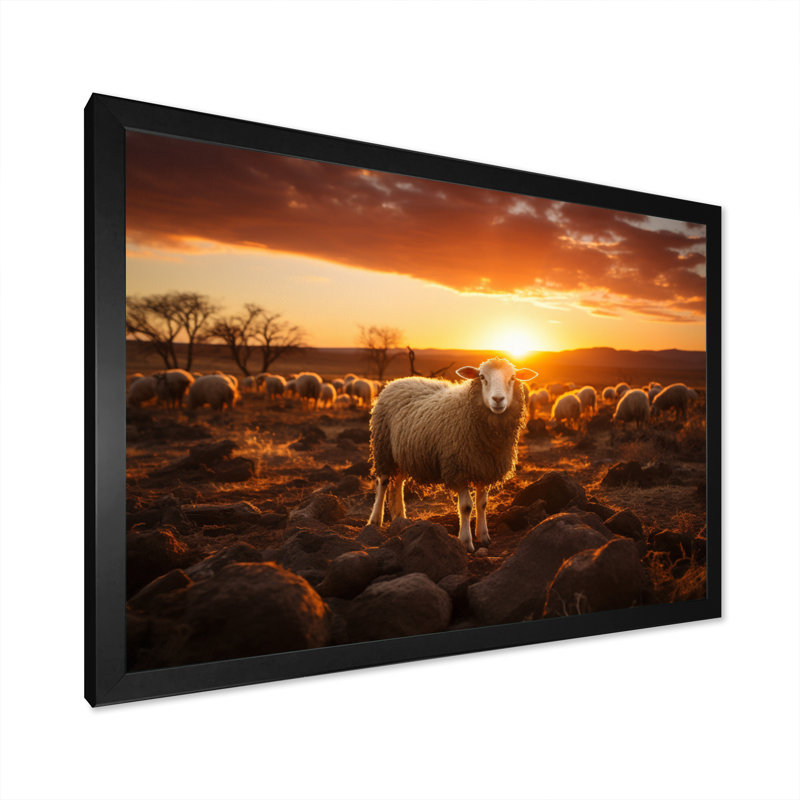 Silhouette de mouton au lever du soleil sur toile, H 12 po x l 20 po x P 1 po, Cadre simple noir