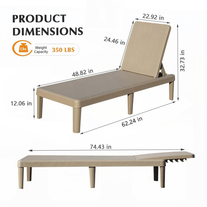 Durable Waterproof Pool Lounge Chairs Set of 2, 6-Position Adjustable Backrest for Ultimate Outdoor Relaxation and Comfort.