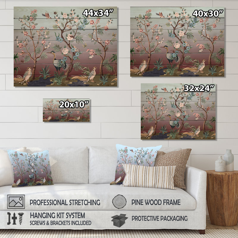 Chinoiserie avec oiseaux et pivoines - impression traditionnelle sur bois de pin naturel, H 10 po x l 20 po x P 0,78 po