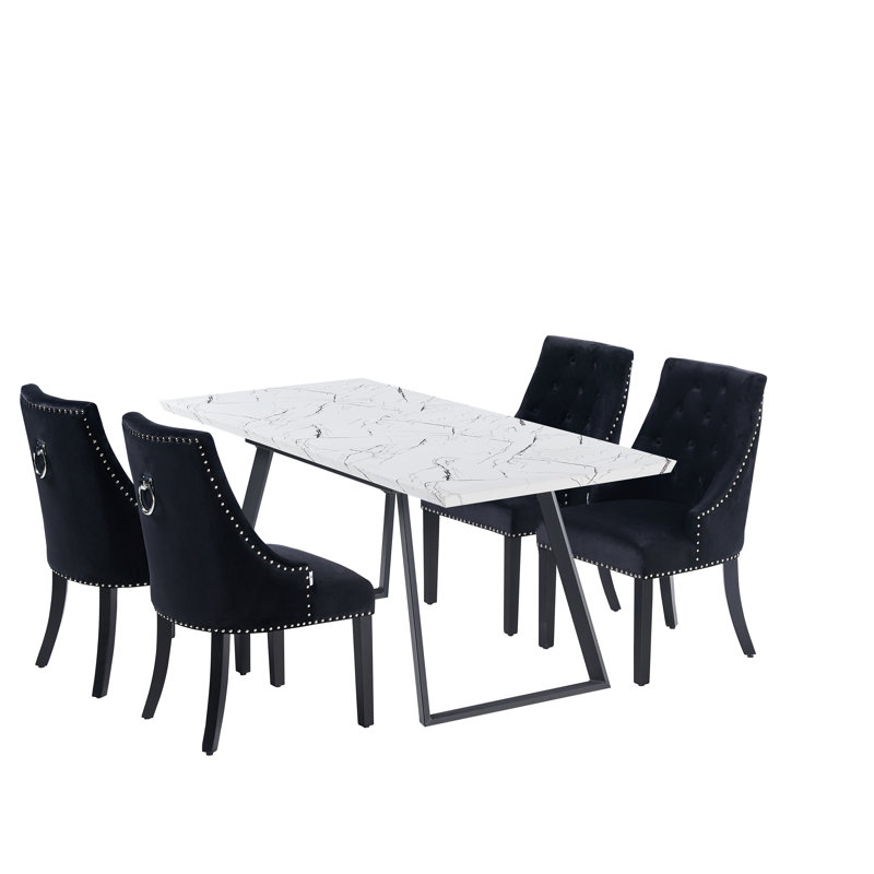 Rosamond 4 Person Dining set - a Rectangular Wooden Dining Table with Metal Legs and a Set of 4 Quilted Ring Knocker Velvet Dining Chairs for Dining Room - Modern Dining Table Set