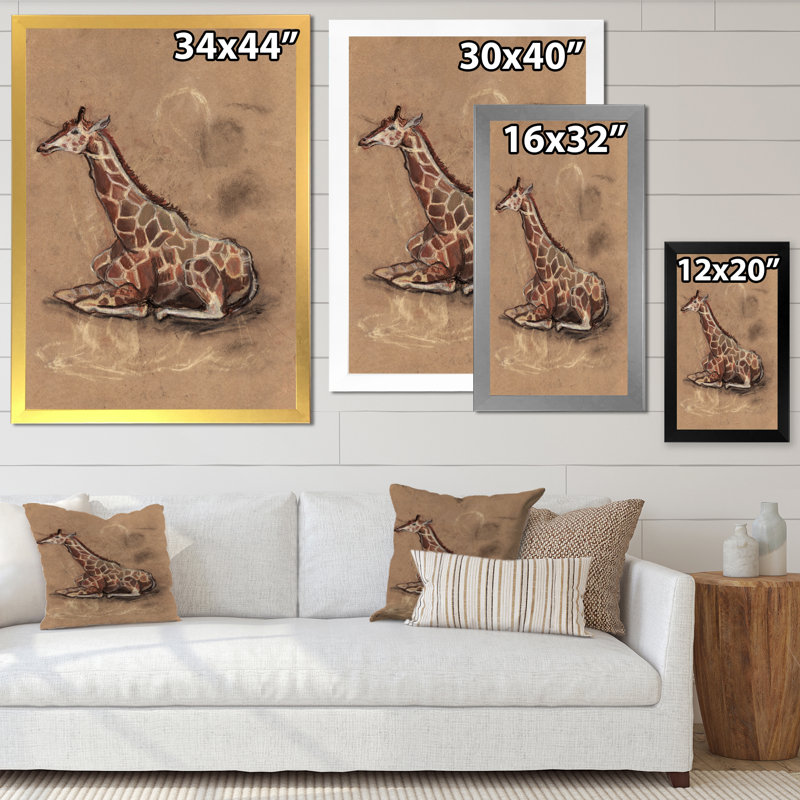 VIntage Giraffe on Brown - Peinture sur toile, H 40 po x l 30 po, Cadre de coin blanc fermé