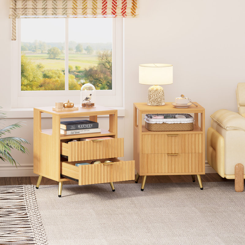 Mid-Century Modern 2-Drawer 23" Tall Nightstand with Open Cubby, Fluted Cute Bedside Table with Open Shelf, Storage End Table For Bedroom, Living Room, Sofa and Office