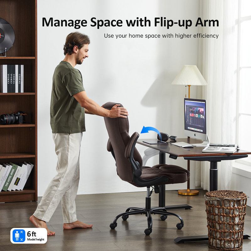 Ergonomic Computer Desk Chair With Adjustable Flip-up Arms, Lumbar Support Swivel Task Chair With Rocking Function, Brown