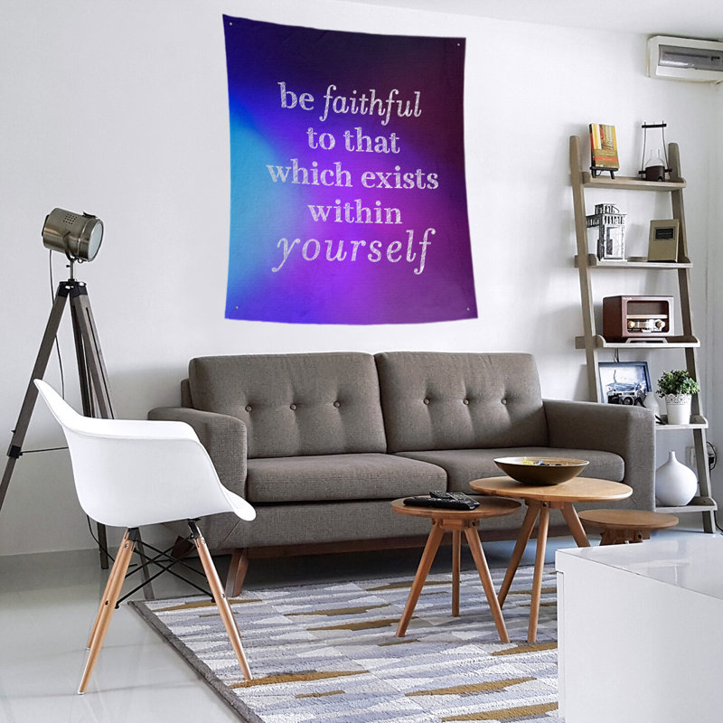 Tapisserie de polyester fidèle à vous-même, citation, H 104 po x l 88 po, Bleu / mauve