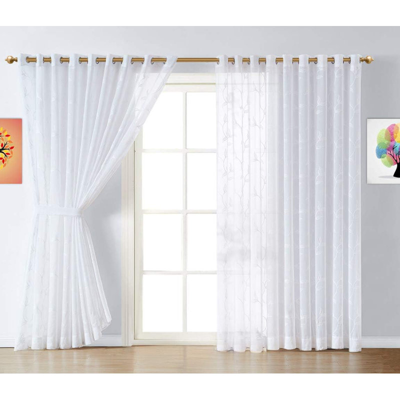 Pair Of Extra Large Sheer Room Divider Curtains With Leaf Embroidery, White