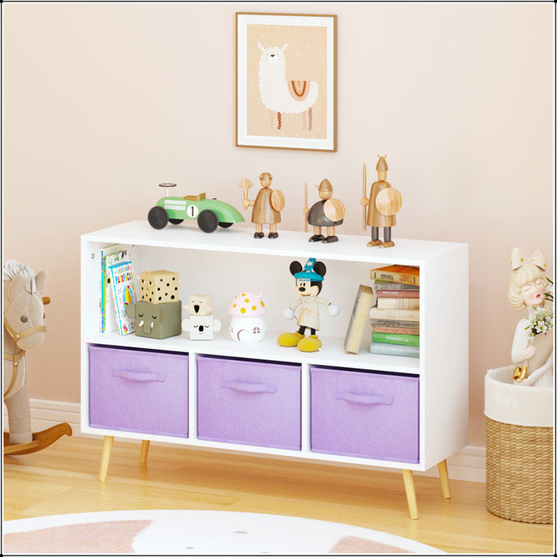 Bibliothèque pour enfants avec tiroirs en tissu pliables, présentoir à livres et armoire de rangement pour jouets, blanc / mauve