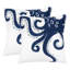 Housse de coussin en coton brodé 20 x 20 po Octopus bleu marine, coussin bord de mer audacieux