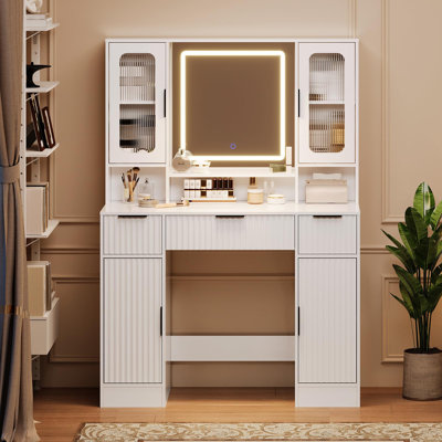 Vanity Desk with Mirror and Light, Modern Makeup Dressing Table with Adjustable 3 Colours Light, Vanities for Bedroom with 2 Glass Cabinet, 2 Large Cabinet, 3 Drawers & Storage Shelves