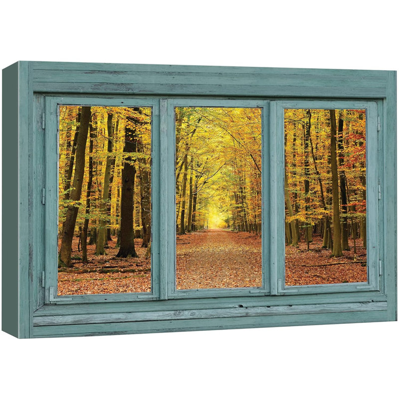 Automne «Fenêtre bleu sarcelle rétro donnant sur une forêt orange pendant la chute» sur, H 16 po x l 24 po