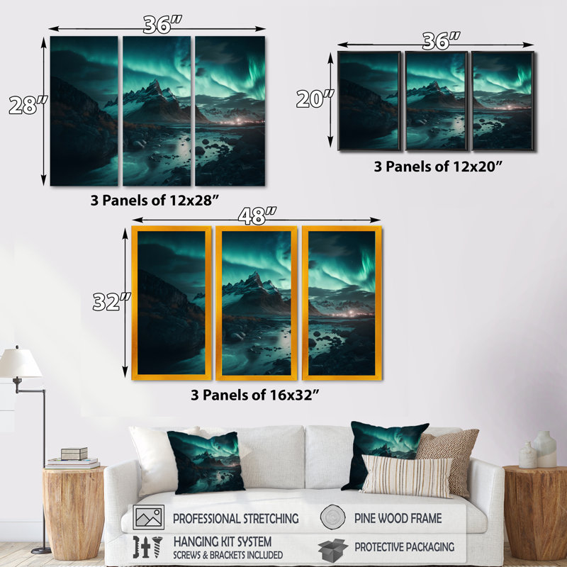 «Northern Lights Reflection On The Water IV», reproduction sur toile 3 pièces, H 28 po x l 36 po x P 1 po, Cadre blanc
