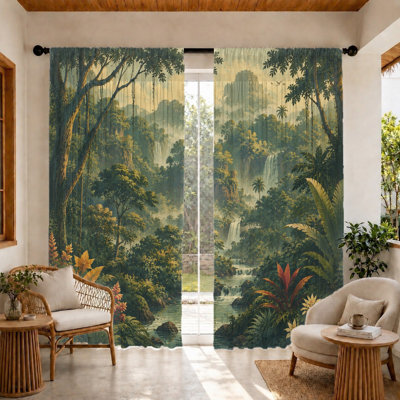 2Pcs Lush Jungle Waterfall Curtains, Light Filtering Fabric, Serene Rainforest Scenery, Sunshade and Privacy Protection, Rod Pocket Design, Suitable for Living Room, Bedroom, Balcony, Kitchen Home Decoration