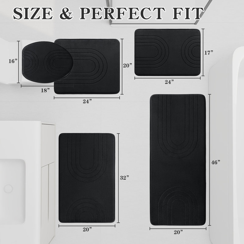 5 Piece Plush Memory Foam Bath Rug Set with Non-Slip Backing and High Absorbency, Black