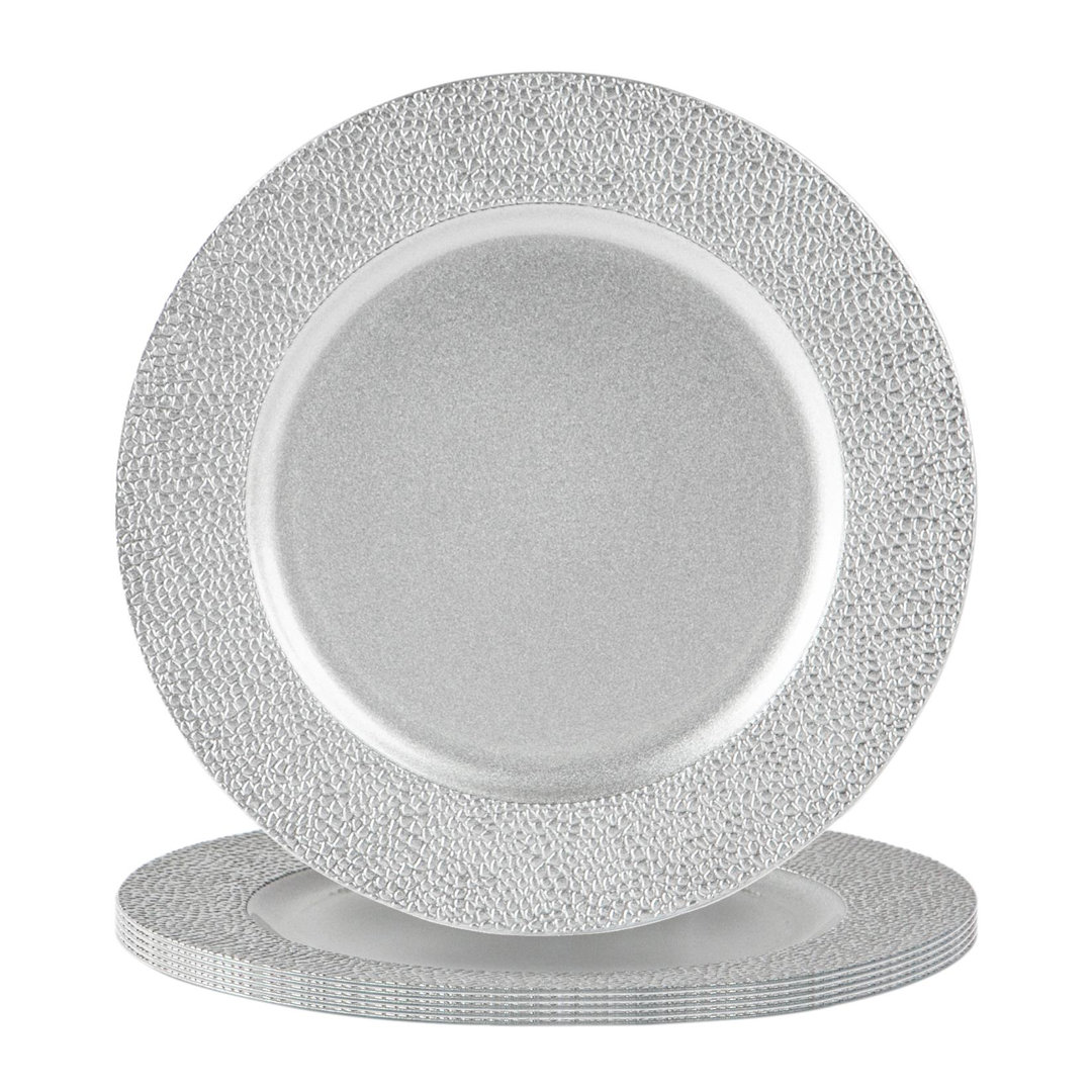 Argon Tableware - Melamine Charger Plates - Hammered Design - Silver - Set of 6