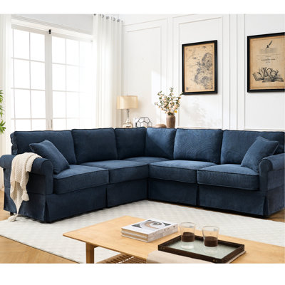 L Shaped Sectional , 5 Convertible With Dark Blue Upholstery And Medium-Soft Couch, Pocket Spring
