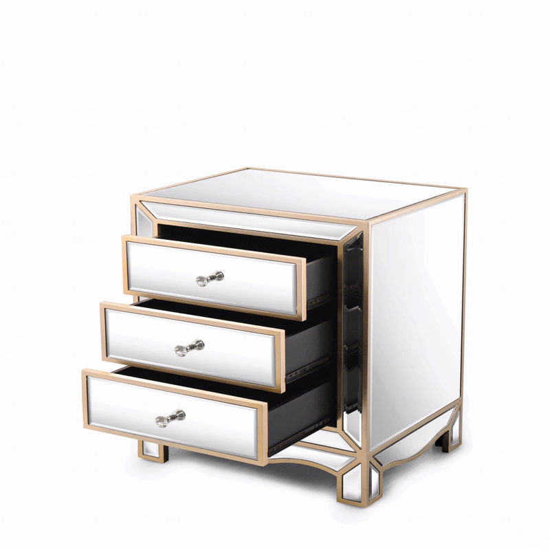Table de chevet moderne à 3 tiroirs avec bordure dorée et miroir