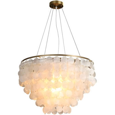 Modern Capiz Shell Chandelier With 5 Lights, Adjustable Height 9.8-39.4", 23.6" Wide Natural Seashell Ceiling Light For Living Room, Bedroom, Hallway, Coastal Decor