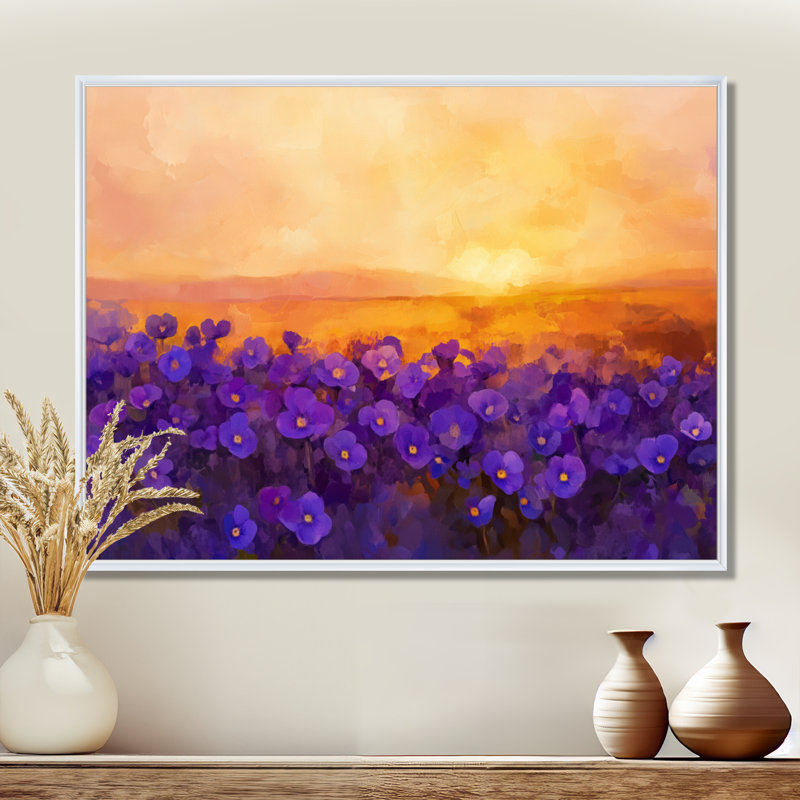 Golden Hour Violet Field II - impression florale murale mauve, H 30 po x l 40 po, Cadre flottant blanc