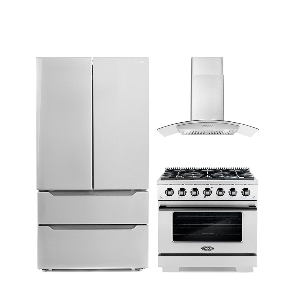 Cosmo 3 Piece Kitchen Appliance Package with French Door Refrigerator , 36'' Gas Freestanding Range , and Wall Mount Range Hood Cosmo 