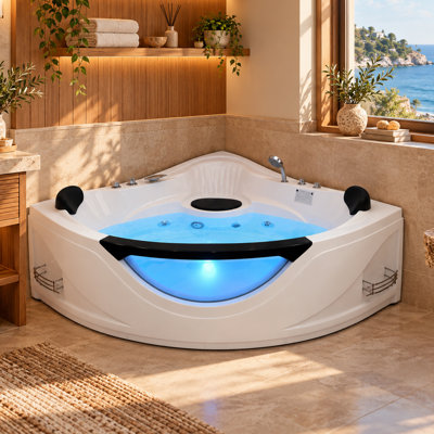 59" 2 Person Corner Jetted Whirlpool Bathtub with Hydrotherapy Jets and LED Light