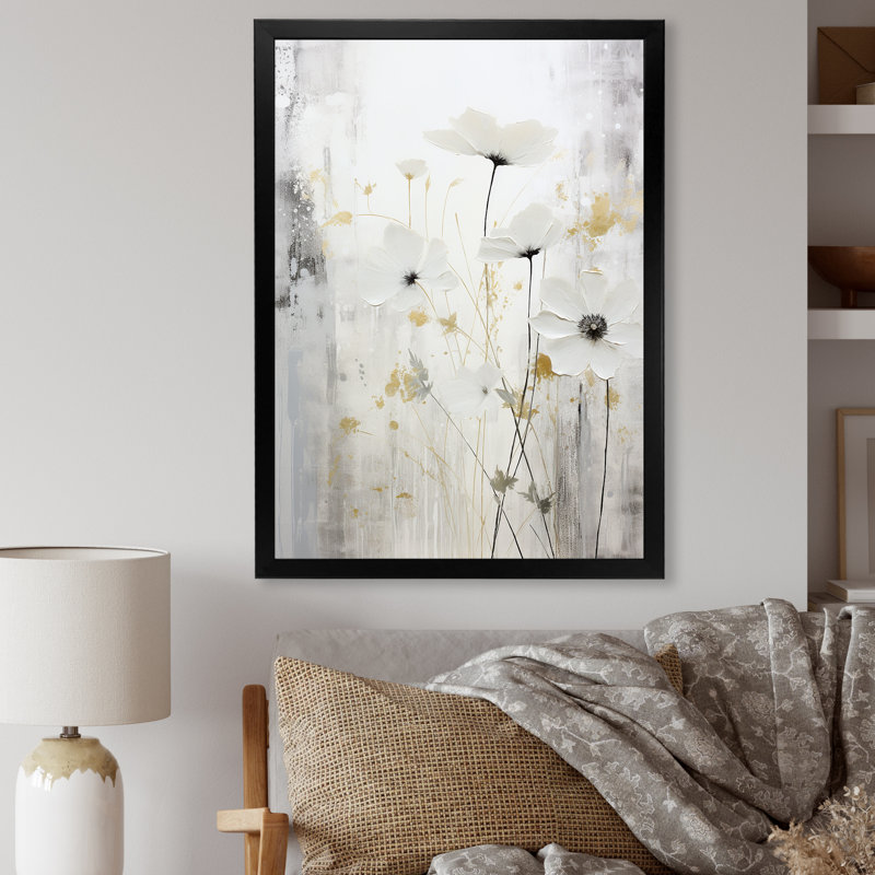 «Gray and White Herbs Minimal Harmony I», reproduction d'art sur toile, H 32 po x l 16 po x P 1 po, Cadre simple noir